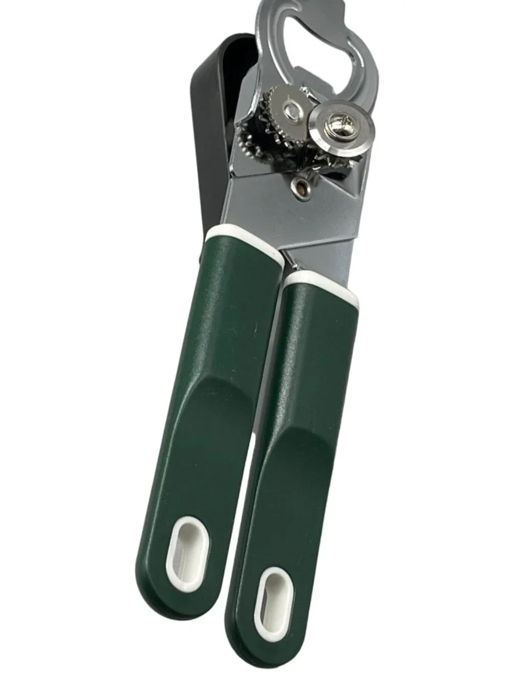 Metal hand crank can opener and bottle opener green and white plastic new READ